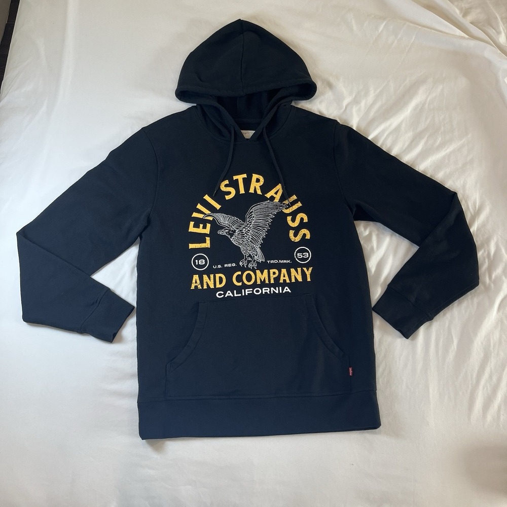 Levi Strauss & Co Sweatshirt Men's Small Hoodie Black Fleece Graphic Print Eagle